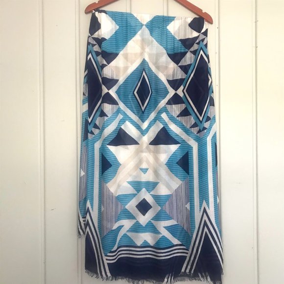 Navy, Blue, Cream and Tan Geometric Express Scarf - Picture 2 of 7